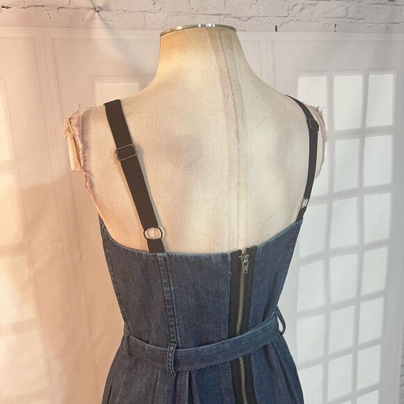DKNY Blue Denim Belted Mini Pleated Sleeveless Jumper Dress Size Medium - Picture 6 of 10